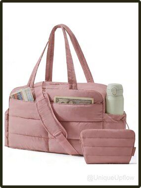 BAGSMART 2-PC Puffer Travel Duffel Bag Carry On Tote 31L Water Resistant Pink